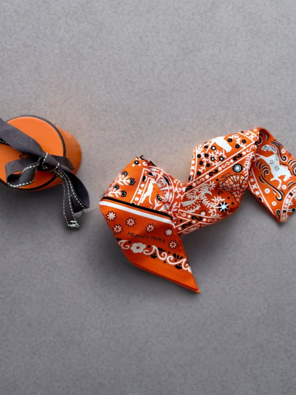 Hermes Orange Peuple du Vent Bandana Silk Twilly Scarf